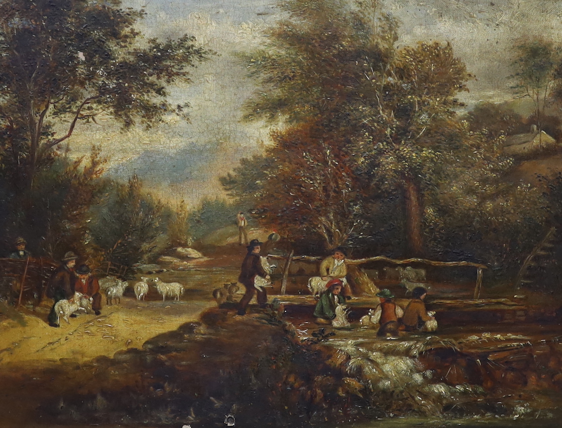 English School c.1850, oil on canvas, Shepherds dipping sheep, 32 x 43cm